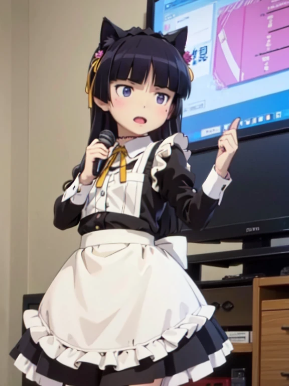 (ruri gokou), (Ultra-high resolution), (masterpiece), (Attention to detail), (high quality), (最high quality) , 1 Girl, alone, Hime cut, Maid clothes, Cat ear, Black Tail, (apronスカート), Midi Skirt, (stockings), apron, Frills, ribbon, Cosplay, collar, cuffs, karaoke, singing, microphone,