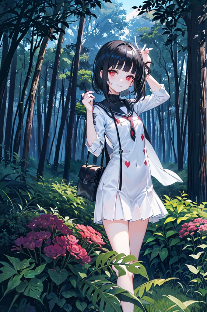 ((forest background)),original,(illustration:1.1),(best quality),(masterpiece:1.1),(extremely detailed CG unity 8k wallpaper:1.1), (colorful:0.9),(mid shot:0.95),(highly detailed beautiful face and body),(solo:1.2), (girl),(li), (detailed beautiful eyes:1.15), (beautiful face:1.15), (glowing red eyes:1.25////),((jewel-like eyes)),(petite),(cute girl),(((black medium hair))),pink inner color,((blunt bangs,)),(+perfect hand+:1.21),(Religious),(slender),(black clothes),small breasts,miniskirt,slim body,(smile),fashion,tokyo,harajuku,(black school uniform),deep forest background,