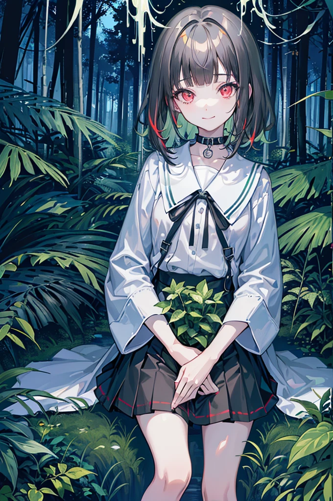 ((forest background)),original,(illustration:1.1),(best quality),(masterpiece:1.1),(extremely detailed CG unity 8k wallpaper:1.1), (colorful:0.9),(mid shot:0.95),(highly detailed beautiful face and body),(solo:1.2), (girl),(li), (detailed beautiful eyes:1.15), (beautiful face:1.15), (glowing red eyes:1.25////),((jewel-like eyes)),(petite),(cute girl),(((black medium hair))),pink inner color,((blunt bangs,)),(+perfect hand+:1.21),(Religious),(slender),(black clothes),small breasts,miniskirt,slim body,(smile),fashion,tokyo,harajuku,(black school uniform),deep forest background,