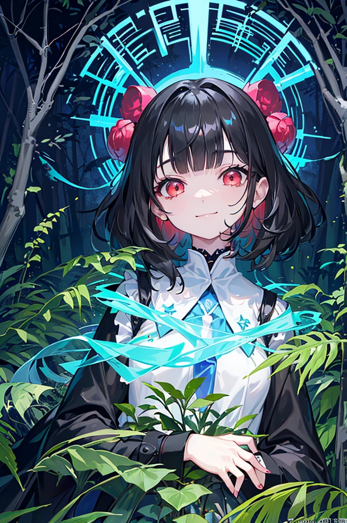 ((forest background)),original,(illustration:1.1),(best quality),(masterpiece:1.1),(extremely detailed CG unity 8k wallpaper:1.1), (colorful:0.9),(mid shot:0.95),(highly detailed beautiful face and body),(solo:1.2), (girl),(loli), (detailed beautiful eyes:1.15), (beautiful face:1.15), (glowing red eyes:1.25////),((jewel-like eyes)),(petite),(cute girl),(((black medium hair))),pink inner color,((blunt bangs,)),(+perfect hand+:1.21),(Religious),(slender),(black clothes),small breasts,miniskirt,slim body,(smile),fashion,tokyo,harajuku,(black school uniform),deep forest background,