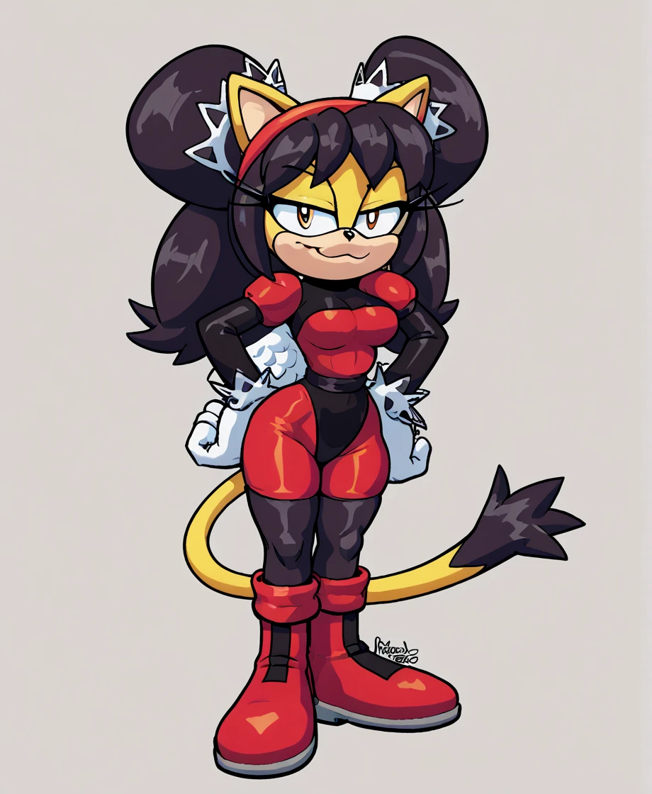 score_9, score_8_up, 2D, flat color, a plain white background with nothing in it, looking at viewer, 1girl, very detailed, extremely detailed, honey the cat from the sonic the hedgehog series, standing, full body, medium breasts, hips, thighs, narrow waist, curvy, frilly hair ties, half-closed eyes, smug smile, red leotard (latex leotard), (black stockings), (red boots), hands on hips