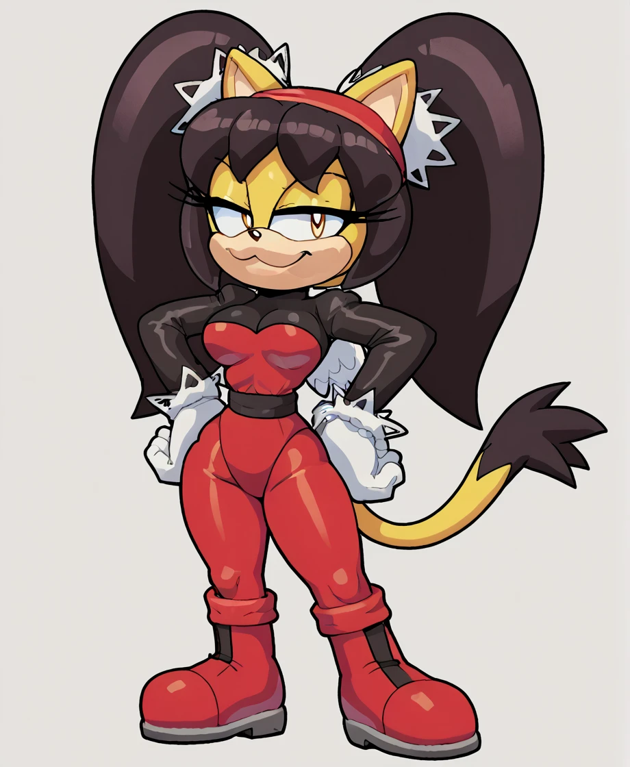 score_9, score_8_up, 2D, flat color, a plain white background with nothing in it, looking at viewer, 1girl, very detailed, extremely detailed, honey the cat from the sonic the hedgehog series, standing, full body, medium breasts, hips, thighs, narrow waist, curvy, frilly hair ties, half-closed eyes, smug smile, red leotard (latex leotard), (black stockings), (red boots), hands on hips