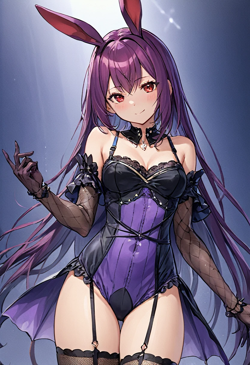 Highest quality, masterpiece, High resolution, 一人in, {scinhach_fgo:1.15}, length_hair, purple_hair, red_eye, chest, big_chest, 前hair, hair_between_eye, hair_Intake, One girl, animal_ear, just_shoulder, chestの谷between, independent_collar, fake_animal_ear, Fishnet tights_pantyhose, Fishnet tightss, Gae_stomach_\(fine\), High leg, leotard, Looking_in_Audience, formal_alternine_Costumes, pantyhose, Playboy_bunny, Extremely skilled, purple_leotard, Rabbit_ear, gun, arms, wrist_cuffs, red面, High leg_leotard, Holding, Holding_arms, Thighs, smile