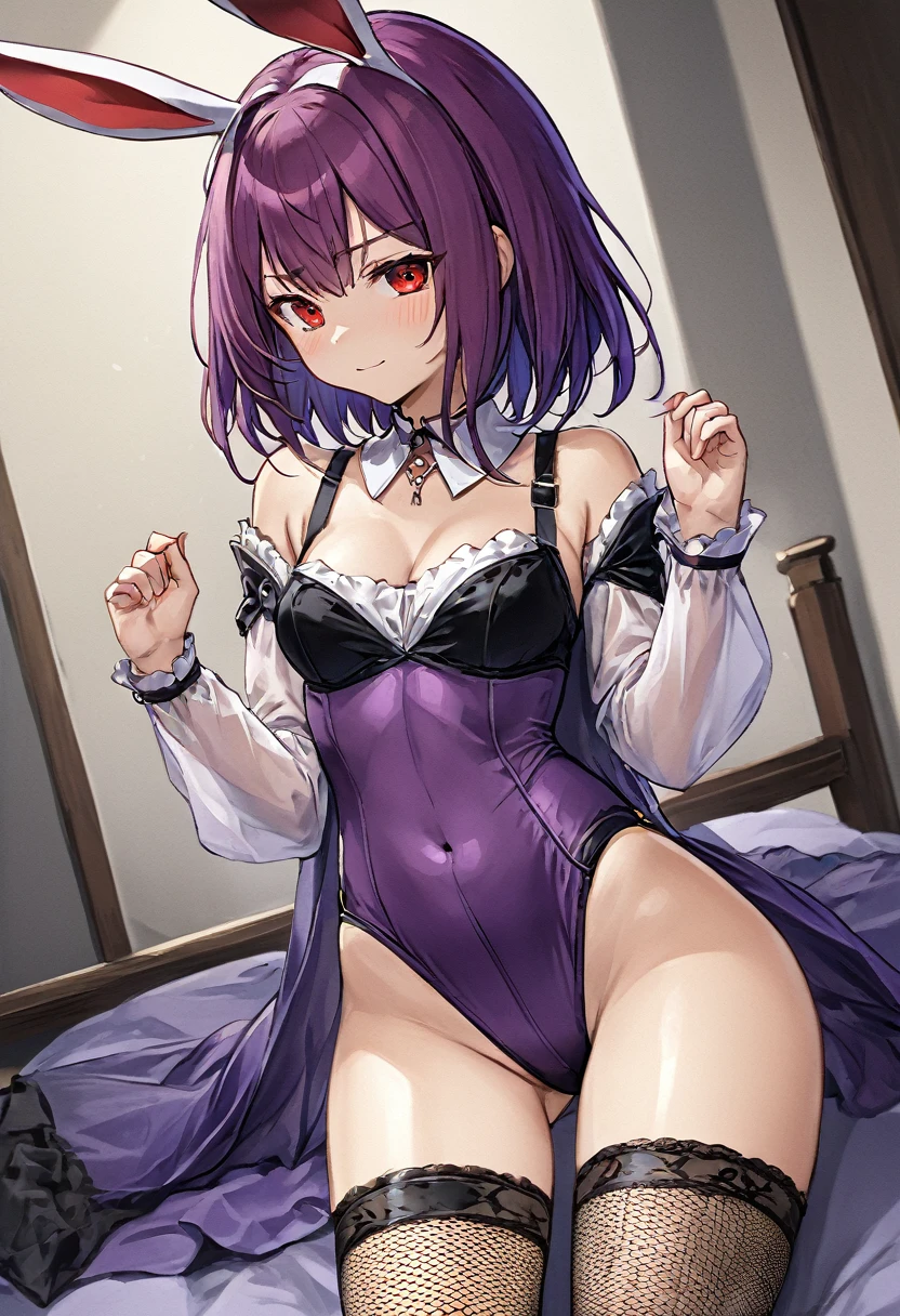 Highest quality, masterpiece, High resolution, 一人in, {scinhach_fgo:1.15}, length_hair, purple_hair, red_eye, chest, big_chest, 前hair, hair_between_eye, hair_Intake, One girl, animal_ear, just_shoulder, chestの谷between, independent_collar, fake_animal_ear, Fishnet tights_pantyhose, Fishnet tightss, Gae_stomach_\(fine\), High leg, leotard, Looking_in_Audience, formal_alternine_Costumes, pantyhose, Playboy_bunny, Extremely skilled, purple_leotard, Rabbit_ear, gun, arms, wrist_cuffs, red面, High leg_leotard, Holding, Holding_arms, Thighs, smile
