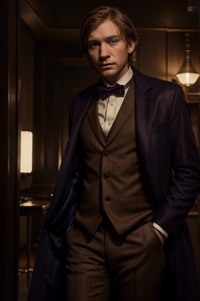 Domhnall Gleeson, purple overcoat, brown suit vest, bow tie, cinematic portrait, award-winning actor, elegant pose, dramatic lighting, photorealistic, highly detailed, studio lighting, sharp focus, hyperrealistic, digital art, vibrant colors, chiaroscuro, moody atmosphere