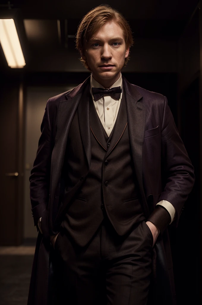 Domhnall Gleeson, purple overcoat, brown suit vest, bow tie, cinematic portrait, award-winning actor, elegant pose, dramatic lighting, photorealistic, highly detailed, studio lighting, sharp focus, hyperrealistic, digital art, vibrant colors, chiaroscuro, moody atmosphere