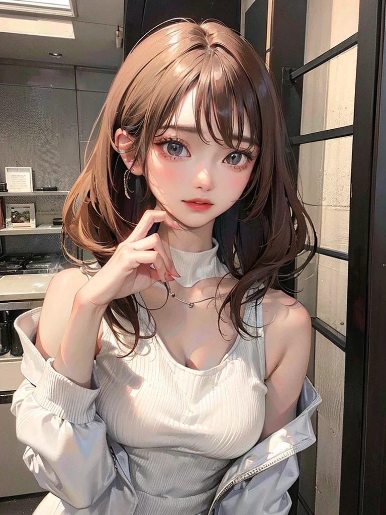 (highest resolution、clear_image)highest quality、woman、very detailed、semi-realistic、light cream hair、short hair、Long neckline、gray eyes、21 years old、shoulder length hair、mature、young、V-neck sweater、exquisite features、Cowboy Shot、Brown Eyes、Waist up shot