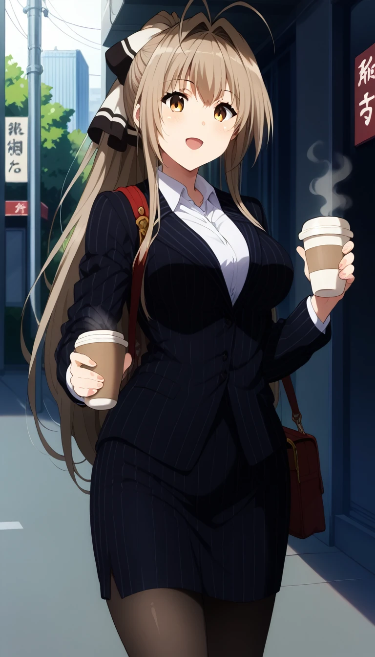 score_9, score_8_up, score_7_up, source_anime, aaisuzu, solo, long hair, antenna hair, ponytail, hair bow, breasts, collared shirt, black jacket, pinstripe suit, pinstripe pattern, pantyhose, vertical-striped skirt, standing, cowboy shot, holding cup, coffee, street, smile, open mouth, shoulder bag,