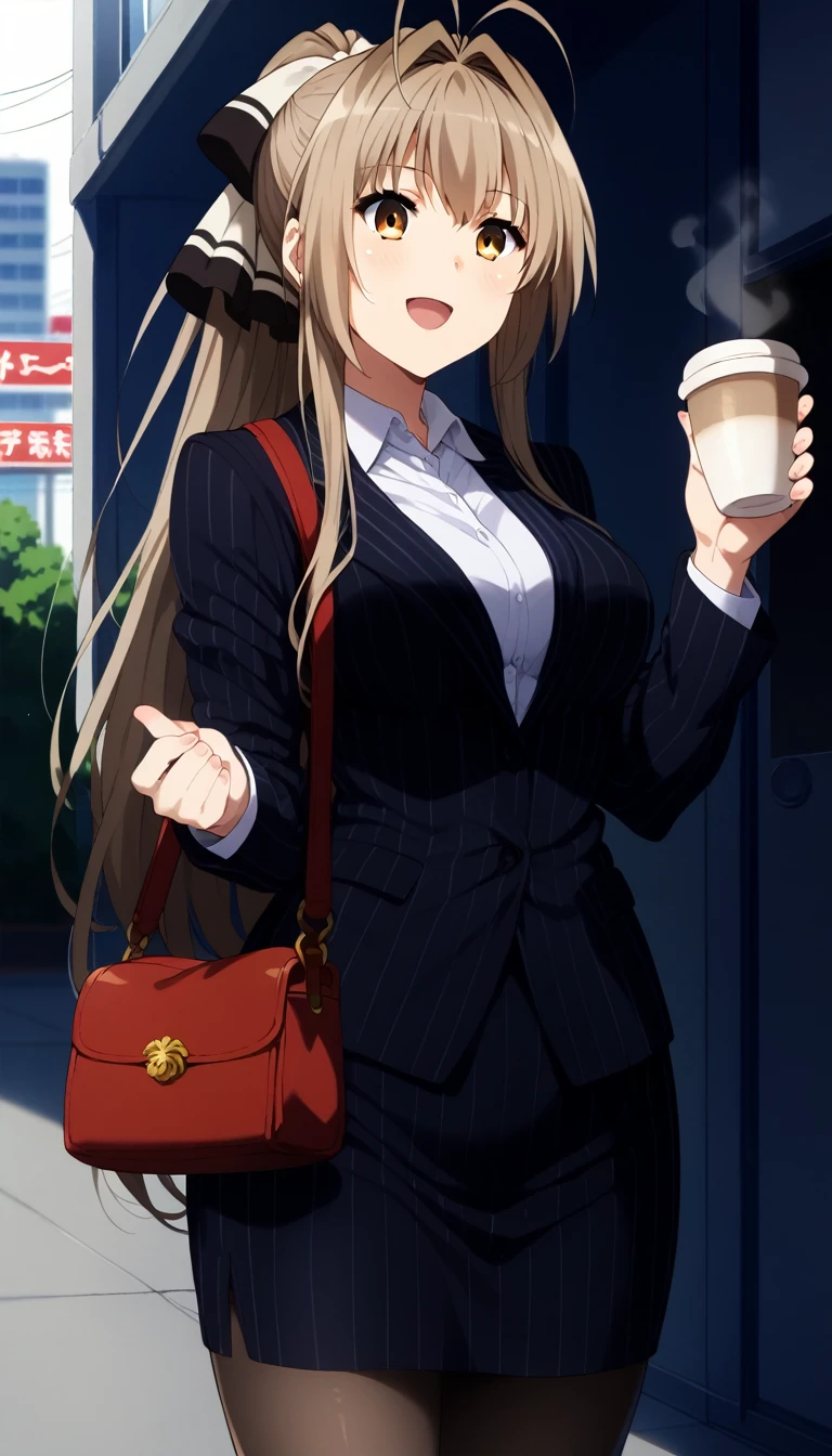 score_9, score_8_up, score_7_up, source_anime, aaisuzu, solo, long hair, antenna hair, ponytail, hair bow, breasts, collared shirt, black jacket, pinstripe suit, pinstripe pattern, pantyhose, vertical-striped skirt, standing, cowboy shot, holding cup, coffee, street, smile, open mouth, shoulder bag,