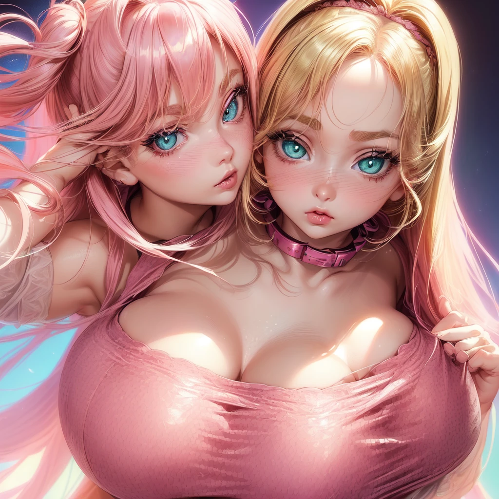 ((2 girls), solo, clevage, Big round breasts, realistic, pink hair, blonde hair, light green eyes, big eyes, wide eyes, lip gloss, detailed face, amazing big eyes, eye details, big lips, eyebrow details, blush, mouth open, close up, portrait picture, collar bone, looking at camera, side by side, bra