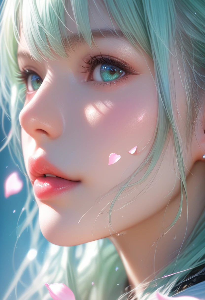 score_9, score_8_up, score_7_up, Girl's profile picture, light green long hair with bangs, light blue petals on cheeks, realistic skin texture, detailed picture, close-up, HD32k