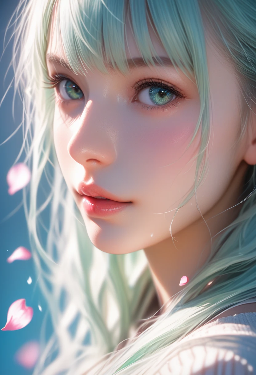 score_9, score_8_up, score_7_up, Girl's profile picture, light green long hair with bangs, light blue petals on cheeks, realistic skin texture, detailed picture, close-up, HD32k