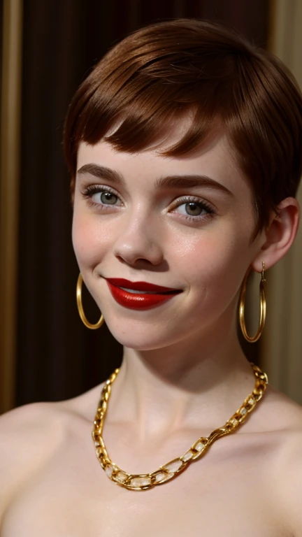 Sophia Lillis wearing gold chains with red lipstick and naked with a smile