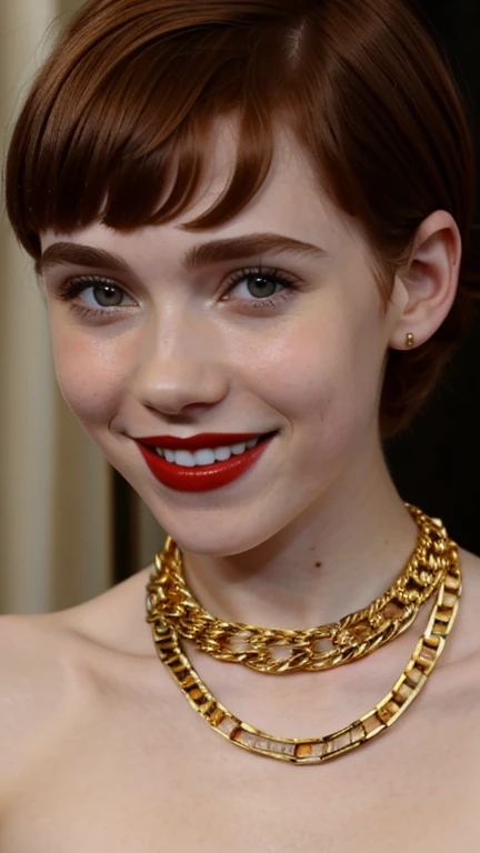 Sophia Lillis wearing gold chains with red lipstick and naked with a smile