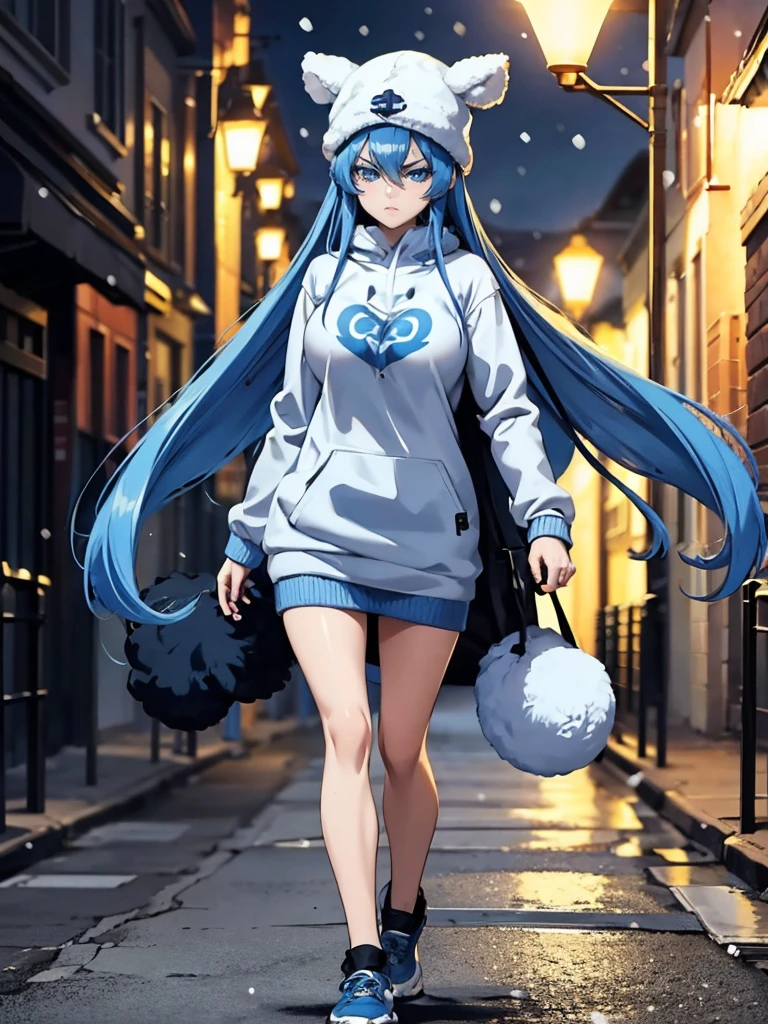 (artwork, best quality) a girl with long blue hair, blue eyes, blue eyelashes, tattoo, big breasts, white sweatshirt with a fuzzy hat, (full body), walking, upset, on a street in Russia, snowing heavily, at night