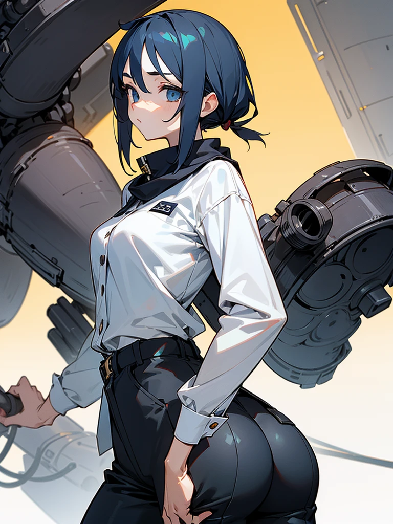 slender、big breasts、Goggles on foreheadをつけている、small ass、A slender and delicate mechanic girl、Roomy clothes、oversized cargo pants、It&#39;s a bellybutton、Front zip high neck top、super cutout design、crop top、bare shoulders、off shoulder、work gloves、Goggles on forehead、hold a wrench in one hand、brown skin、Middle hair、slender、big breasts、cleavage、choker、high leg pants、