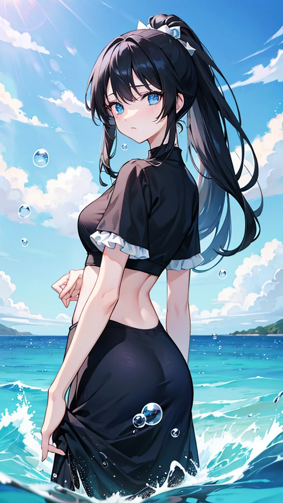 Black Hair、Long Ponytail、Drooping eyes、blue eyes、Blue clothes、Ocean、Bubble、4K、high resolution、masterpiece、Detailed write-up