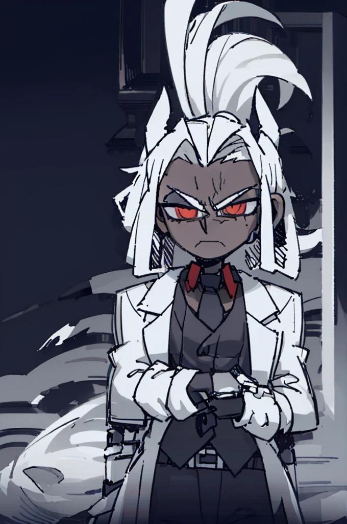 ((best qualityer)),((work of art)), 1 young boy,darkskin, Eyes red, long white hair, ear wolf, black uniform,((serious expression)), Black Suit, face tilted to the side