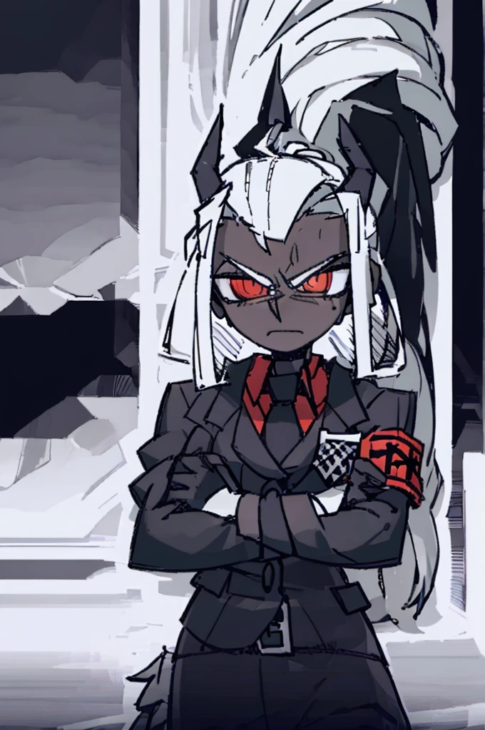 ((best qualityer)),((work of art)), 1 young boy,darkskin, Eyes red, long white hair, ear wolf, black uniform,((serious expression)), Black Suit, face tilted to the side