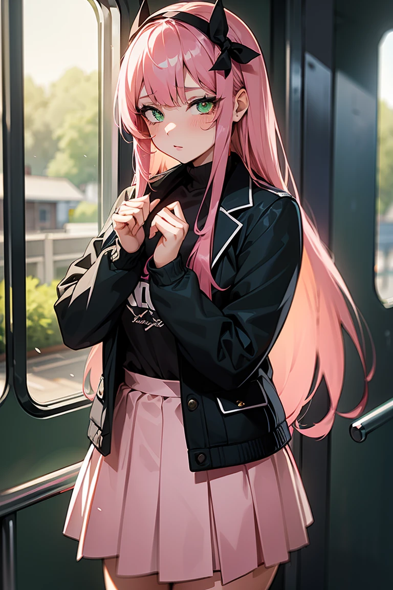 ((1 Girl)), in the train, Snickering, blush, Latest Fashion Trends, Street fashion,Jacket, Open chest,Cool look, Fashionable skirts,Relaxed pose,Cowboy Shot,((Very detailed,Highest quality, High resolution, 8k wallpaper, Beautiful clothes,)),((Pink Hair, Long Hair,Straight hair, hair accessory)), (Green Eyes),eye shadow, eyeliner,Glowing Eyes, Very detailedな目, Complex eyes, Beautiful Eyes, 18-year-old girl.