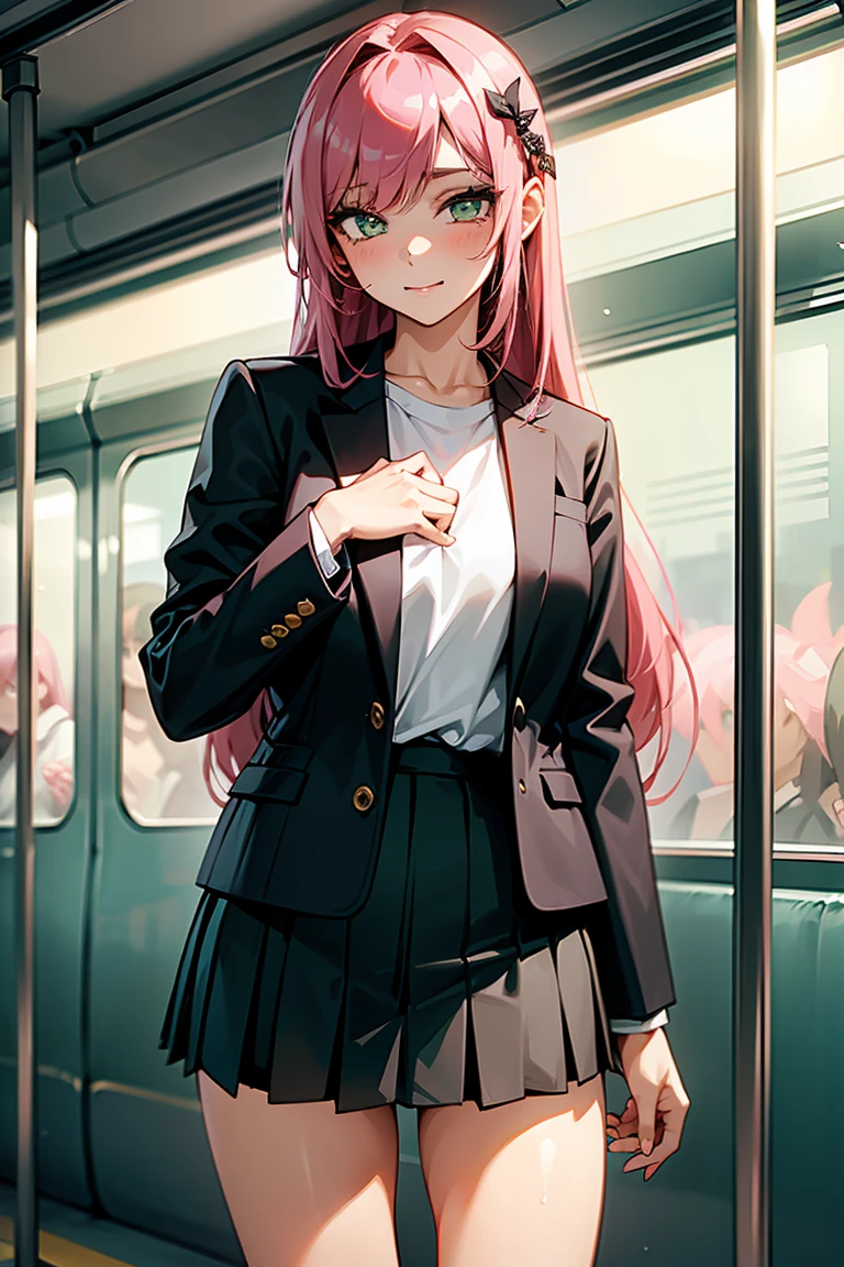 ((1 Girl)), in the train, Snickering, blush, Latest Fashion Trends, Street fashion,Jacket, Open chest,Cool look, Fashionable skirts,Relaxed pose,Cowboy Shot,((Very detailed,Highest quality, High resolution, 8k wallpaper, Beautiful clothes,)),((Pink Hair, Long Hair,Straight hair, hair accessory)), (Green Eyes),eye shadow, eyeliner,Glowing Eyes, Very detailedな目, Complex eyes, Beautiful Eyes, 18-year-old girl.