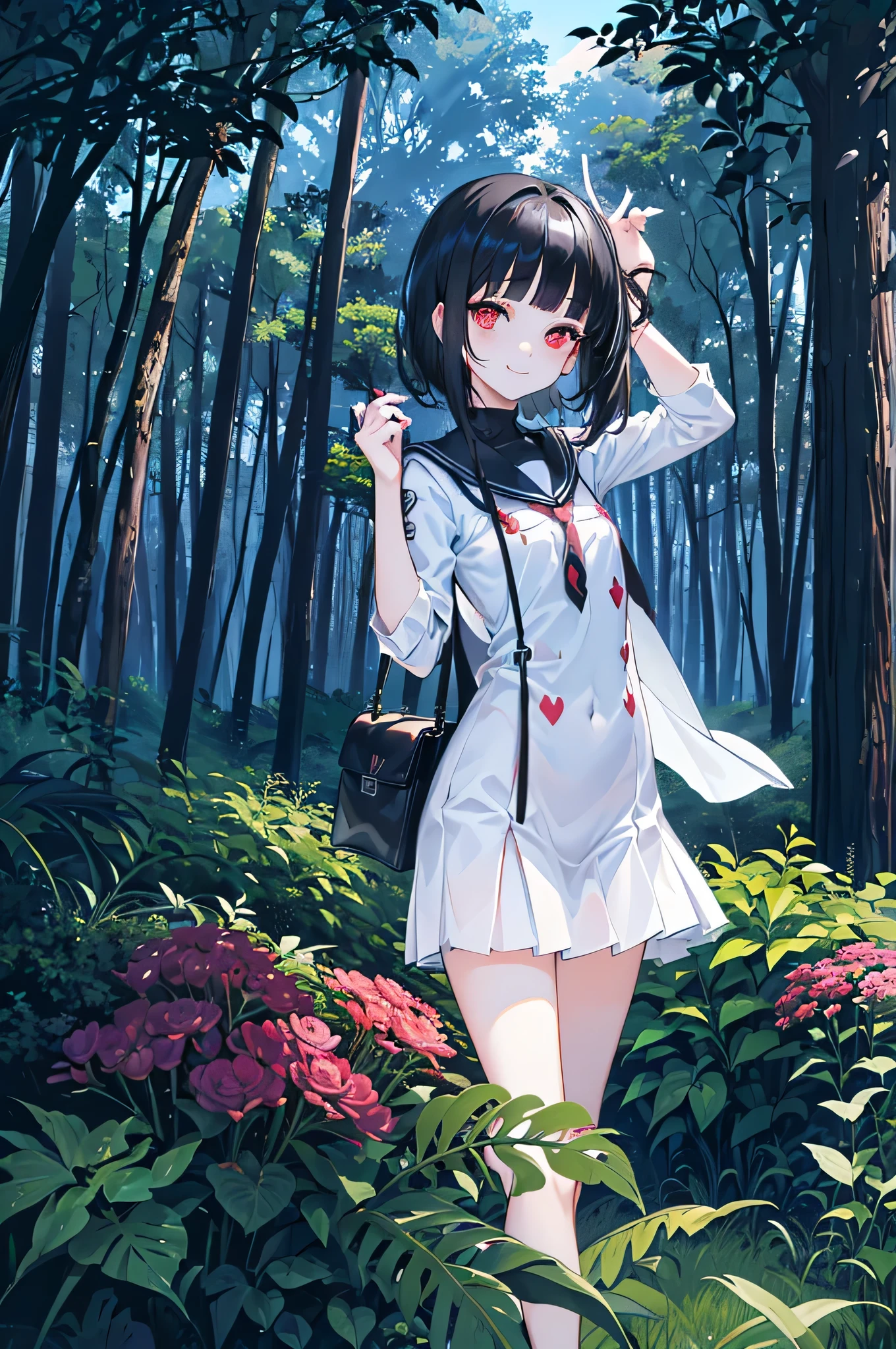 ((forest background)),original,(illustration:1.1),(best quality),(masterpiece:1.1),(extremely detailed CG unity 8k wallpaper:1.1), (colorful:0.9),(mid shot:0.95),(highly detailed beautiful face and body),(solo:1.2), (girl),(loli), (detailed beautiful eyes:1.15), (beautiful face:1.15), (glowing red eyes:1.25////),((jewel-like eyes)),(petite),(cute girl),(((black medium hair))),pink inner color,((blunt bangs,)),(+perfect hand+:1.21),(Religious),(slender),(black clothes),small breasts,miniskirt,slim body,(smile),fashion,tokyo,harajuku,(black school uniform),deep forest background,