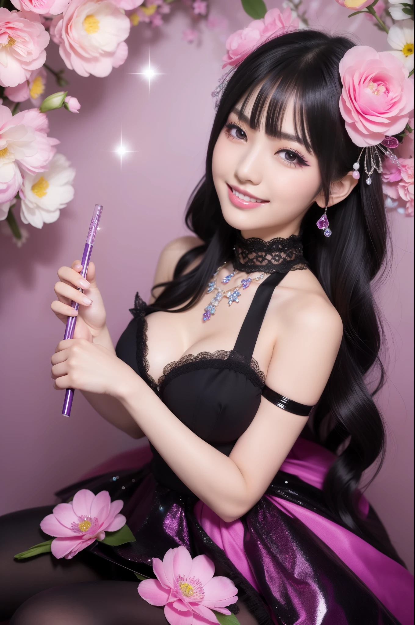 beautiful sexy woman who controls poison、beautiful smile、lipgloss、professional makeup、full body Esbian、、sparkling poisoned flower costume、、、、sparkling Colorful hair、secrete poison、skull hair accessories schnet tights、flowers background