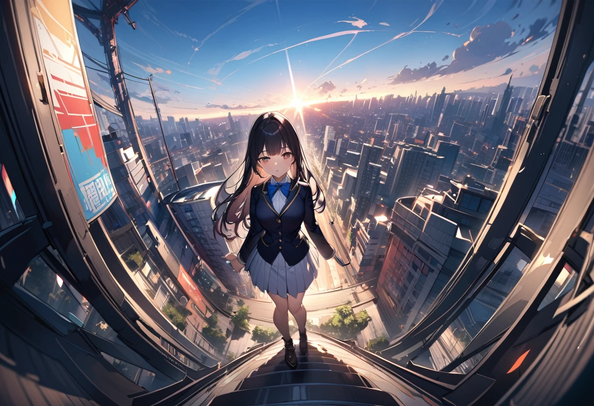 1 girl, long hair, black hair, straight hair, short bangs above brows,
BREAK (masterpiece), (high resolution 8K), cinematic lighting, professional lighting, detailed eyes and face, detailed body, 
BREAK , blazer, white shirt, blue bowtie, pleated skirt, 
BREAK magnificent panorama view, fisheye, from below, cute girl walking, gazing at a crumbling cityscape of towering buildings and highways from a stairway,(overlooking:1.3),river,waterfall,valley, blue sky,looking at viewer,magnificent view,lens flare, cowboy shot