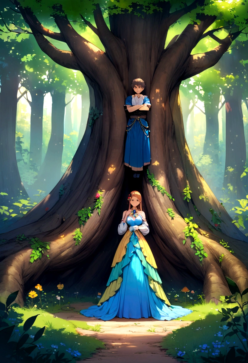 In the middle of the forest, under a huge tree, a girl and boy huge each other lovely