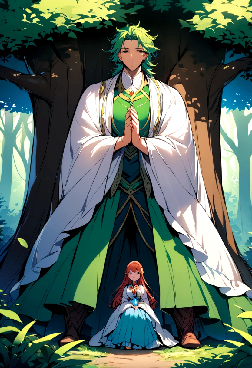 In the middle of the forest, under a huge tree, a girl and boy huge each other lovely