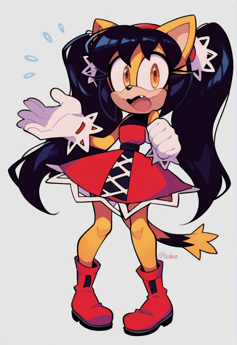 score_9, score_8_up, 2D, flat color, a plain white background with nothing in it, looking at viewer, 1girl, very detailed, extremely detailed, honey the cat from the sonic the hedgehog series, standing, full body, wide hips, narrow waist, curvy, red dress, frilly hair ties, shocked expression, open mout, open hands, wide eyes