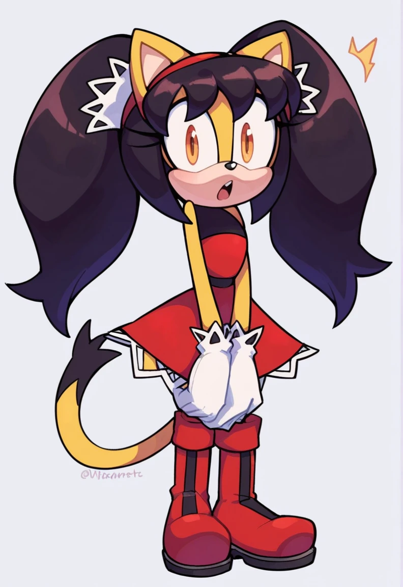 score_9, score_8_up, 2D, flat color, a plain white background with nothing in it, looking at viewer, 1girl, very detailed, extremely detailed, honey the cat from the sonic the hedgehog series, standing, full body, wide hips, narrow waist, curvy, red dress, frilly hair ties, shocked expression, open mout, open hands, wide eyes
