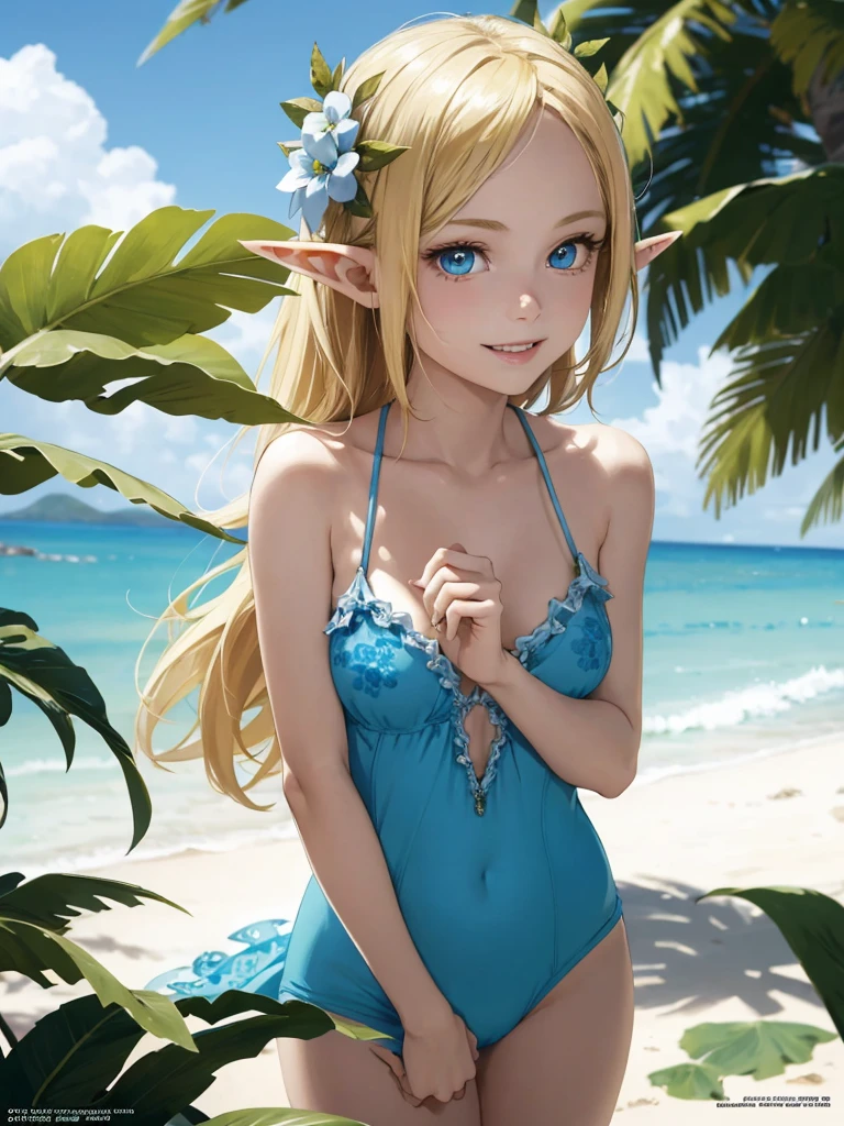 nsfw,Fresh Composition, best quality, extremely detailed, sharp focus, nice hands, perfect hands, perfect anatomy, perfect structure, A girl standing on a sandy beach, under the summer sunshine and the blue sea. The girl is wearing a summer one-piece dress with a floral pattern. The girl looks at me with a loving, smile. cowboy shot, (Magazine cover, titled "ELF Magazine"). beautiful eyes, ultra detailed lips, kawaii, adorable, cute, elf girl, (apatite eyes with CGI effect), (deep blond hair:1.2),