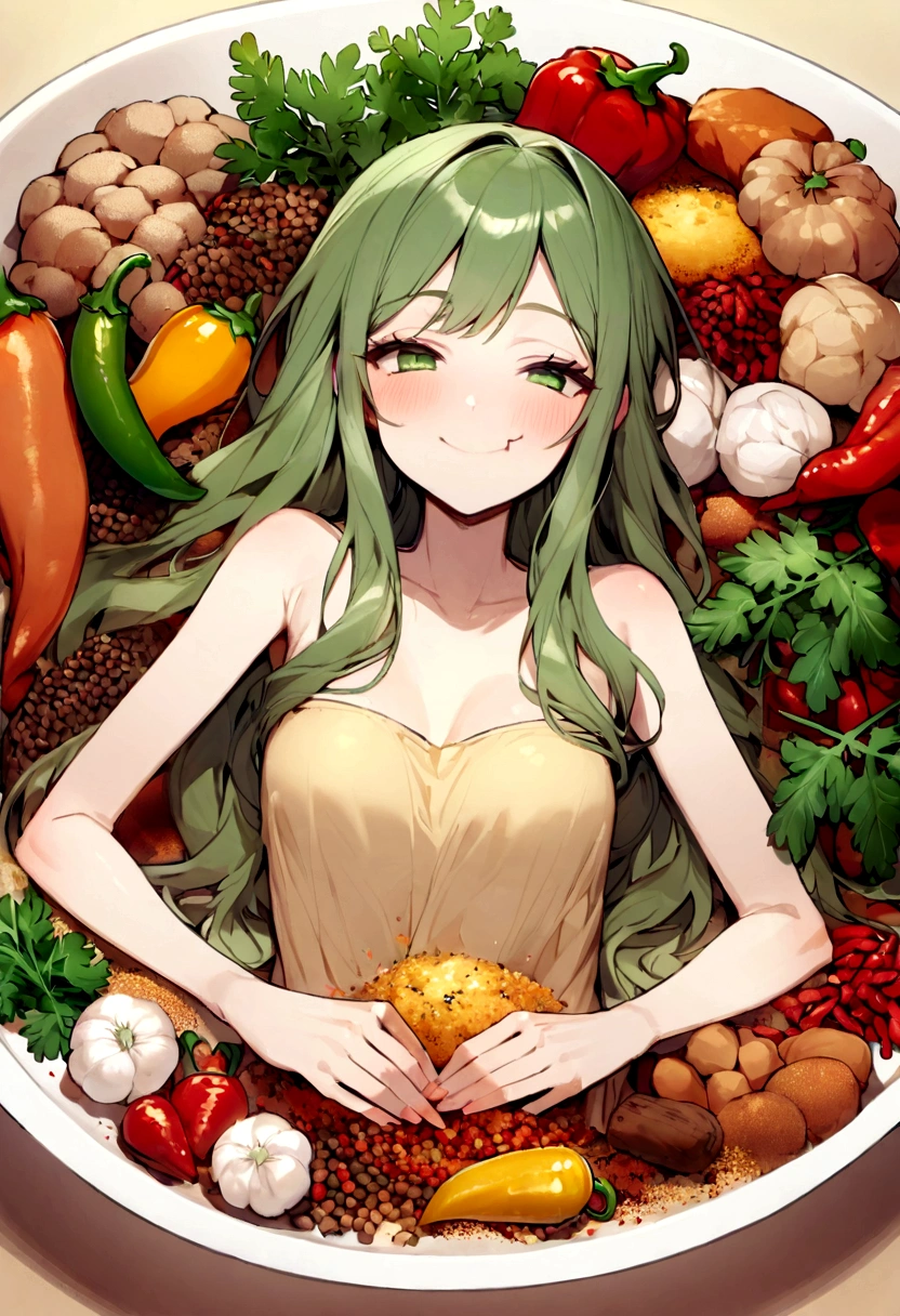 Chili pepper、spices、woman、smile、eating、Spices is in the middle of the image、very skinny female、cute、Korean、Asian Girl、beautiful girl、Lifting the spices、It&#39;s like lining up faces next to a plate of spices、The person was lying on top of more than 10 kinds of spices, including chili peppers and parsley.