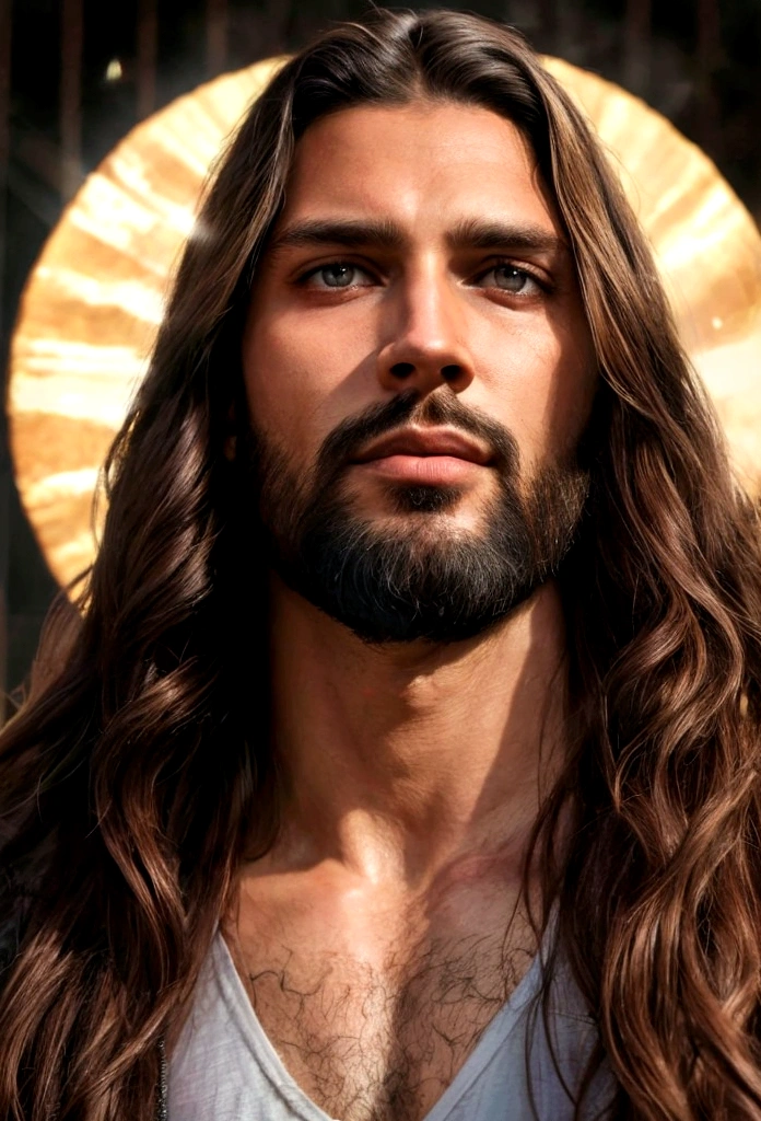 best quality,4k,8k,Altas,master part:1.2),ultra-detalhado,(Realistic,fotorrealista,photo-realistic:1.37),jesus cristo,estilo de arte tradicional,vivid and dynamic brushstrokes,Ancient playful setting ,Charismatic expression,postura humilde,historic portrait,Noble Features,estilo de pintura de tinta e lavagem,finely detailed facial features,dynamic compositing,Paradisiacal scenery,olhar confiante,,ambiente com Luz do sol dourada iluminando a cena,aura de angelical,atmosphric perspective,Explosive lighting, Jesus the man