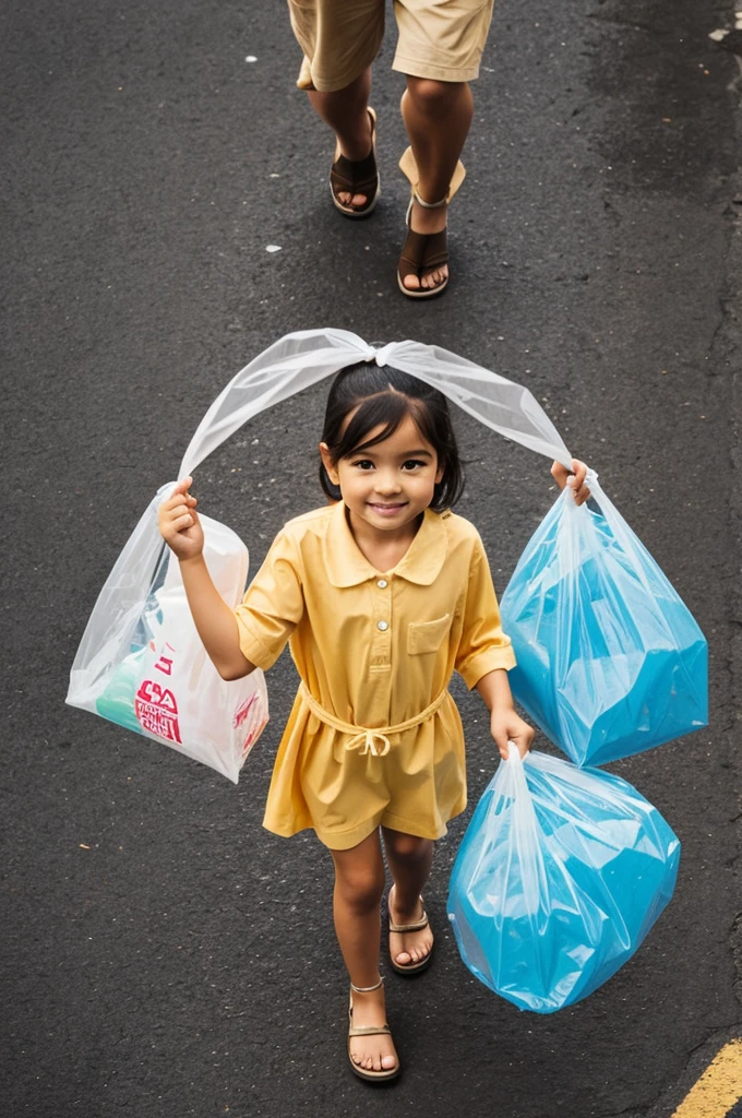 A world with hands and legs holding a plastic bag