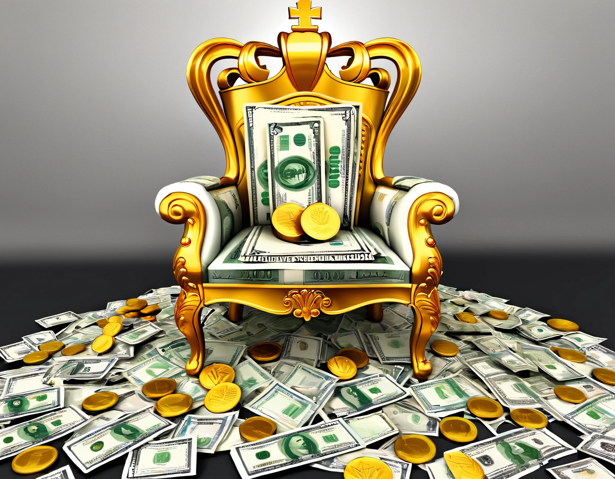 [Crown emoji] Envision an opulent throne made entirely of various global currencies, surrounded by a mesmerizing display of financial symbols. The scene should exude extravagance and dominance, highlighting the allure of wealth. Focus on realistic rendering to bring out the intricate details of banknotes and coins. The resolution should be 8K, ensuring that viewers can appreciate the richness of the composition.