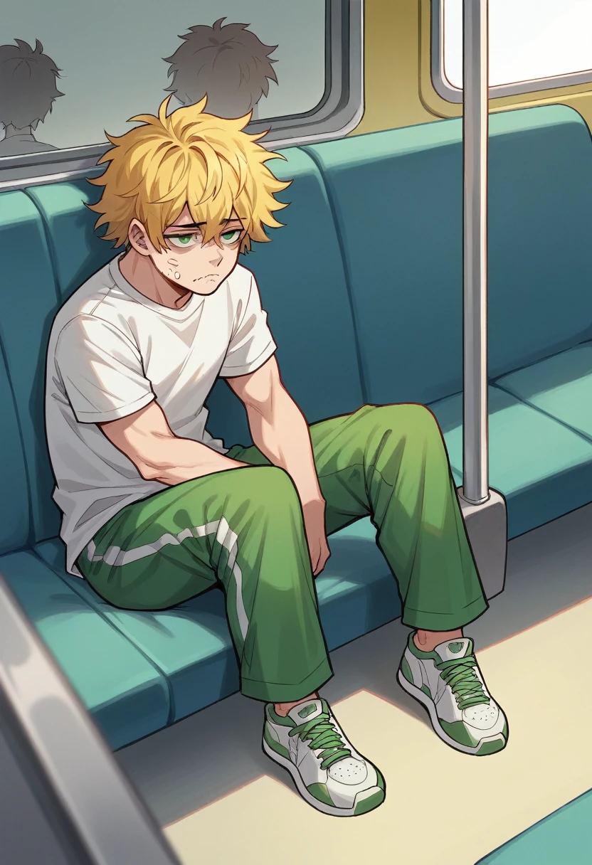 a 25 year old man, defined body, medium long hair that reaches shoulder length, Yellow hair, messy hair, emerald green eyes, pointed chin, slightly dirty white t-shirt, green sports pants, sneakers, Messy style, Sitting in a train seat, tired and discouraged,