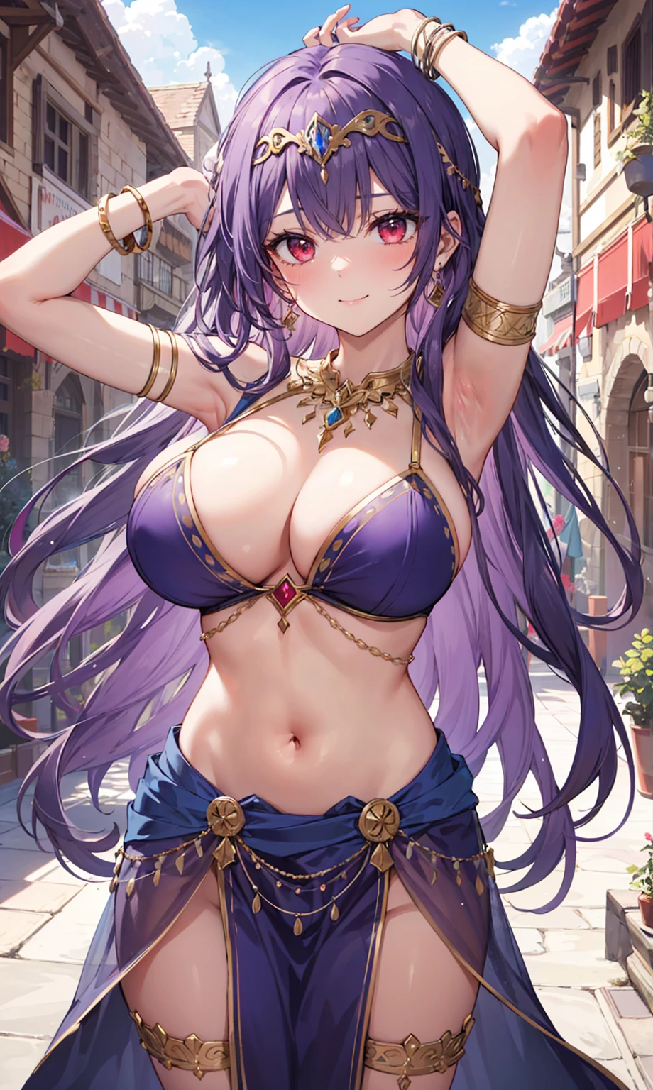 high quality, ultra detailed, best quality, insanely detailed, beautiful, masterpiece, 1girl, medieval plaza, cowboy shot, red eyes, long hair, purple hair, belly dancer, circlet, earrings, armlets, bracelets, bashful smile, large breasts, cleavage, soft stomach