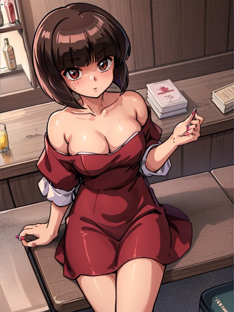 ((masterpiece)), best quality, ultra detailed, looking at viewer, intricate details, rich colors, sharp focus, volumetric lighting, dramatic atmosphere, nabiki tendo, brown eyes, nabiki, looking at viewer, 8k, 4k,light particles, highly detailed, detailed eyes, office INTERIOR, solo, bob cut, mini dress, pelvic curtain dress, heels, TendouNabiki, heels, cleavage, sit on bar chair, white panties, jewels, black heels, jewelry, hands on chest, upclose camera, crossed legs, night time, bar background, glass of wine, blush,