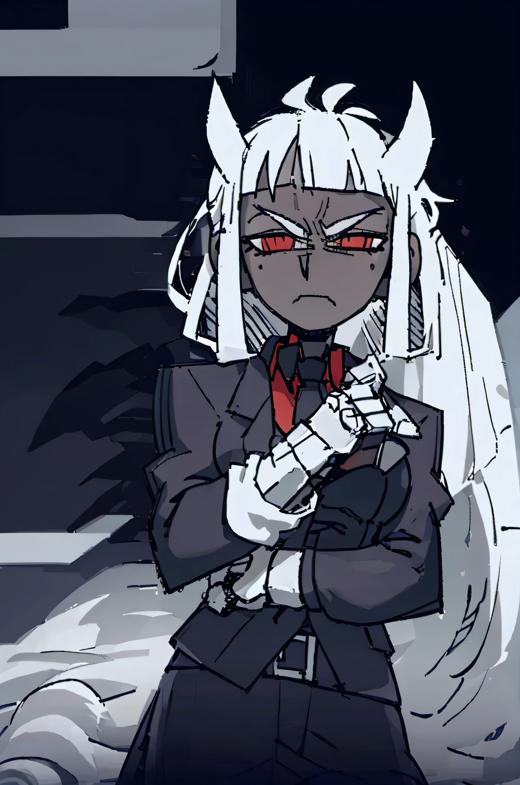 ((best qualityer)),((work of art)), 1 young boy,darkskin, Eyes red, long white hair, ear wolf, black uniform,((serious expression)), Black Suit, face tilted to the side