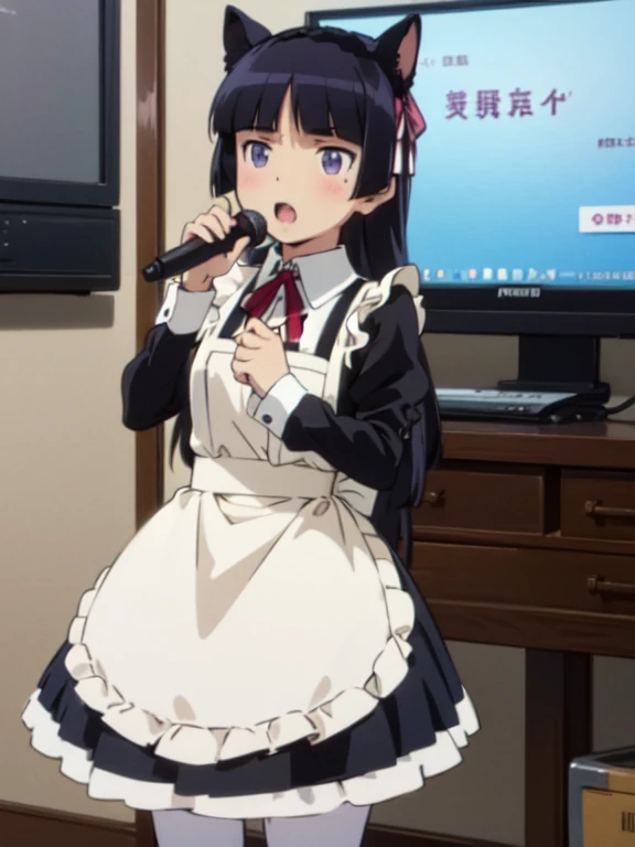 (ruri gokou), (Ultra-high resolution), (masterpiece), (Attention to detail), (high quality), (最high quality) , 1 Girl, alone, Hime cut, Maid clothes, Cat ear, Black Tail, (apronスカート), Midi Skirt, (stockings), apron, Frills, ribbon, Cosplay, collar, cuffs, karaoke, singing, microphone,