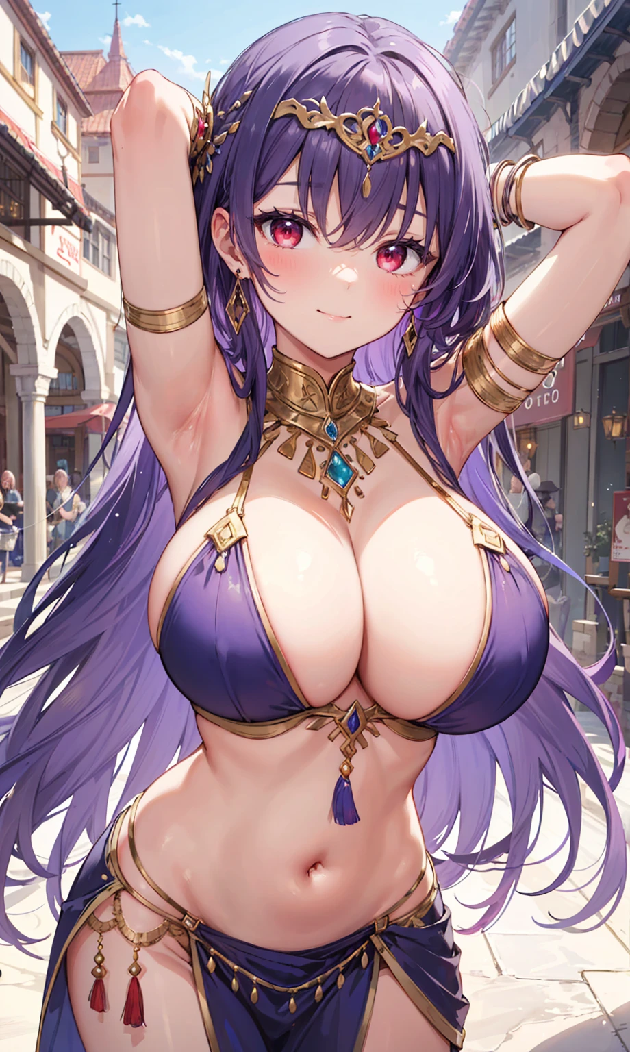 high quality, ultra detailed, best quality, insanely detailed, beautiful, masterpiece, 1girl, medieval plaza, cowboy shot, red eyes, long hair, purple hair, belly dancer, circlet, earrings, armlets, bracelets, bashful smile, large breasts, cleavage, soft stomach