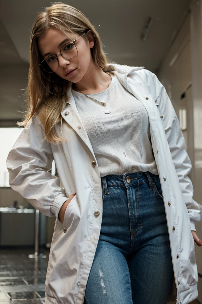 ((best quality)), ((masterpiece)), (detailed), 1girl, blonde, glasses, jeans, thick white jacket, from below, heavy rain, light1:4, 8k, ultra realistic, smoke, hand in pocket