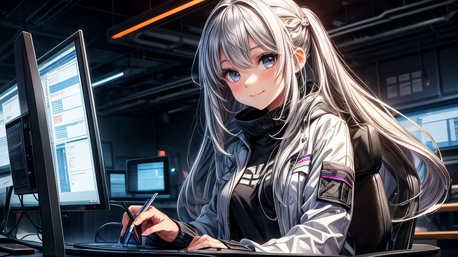 A girl writes code on a computer ,sf ,Silver Hair ,long hair , smile
