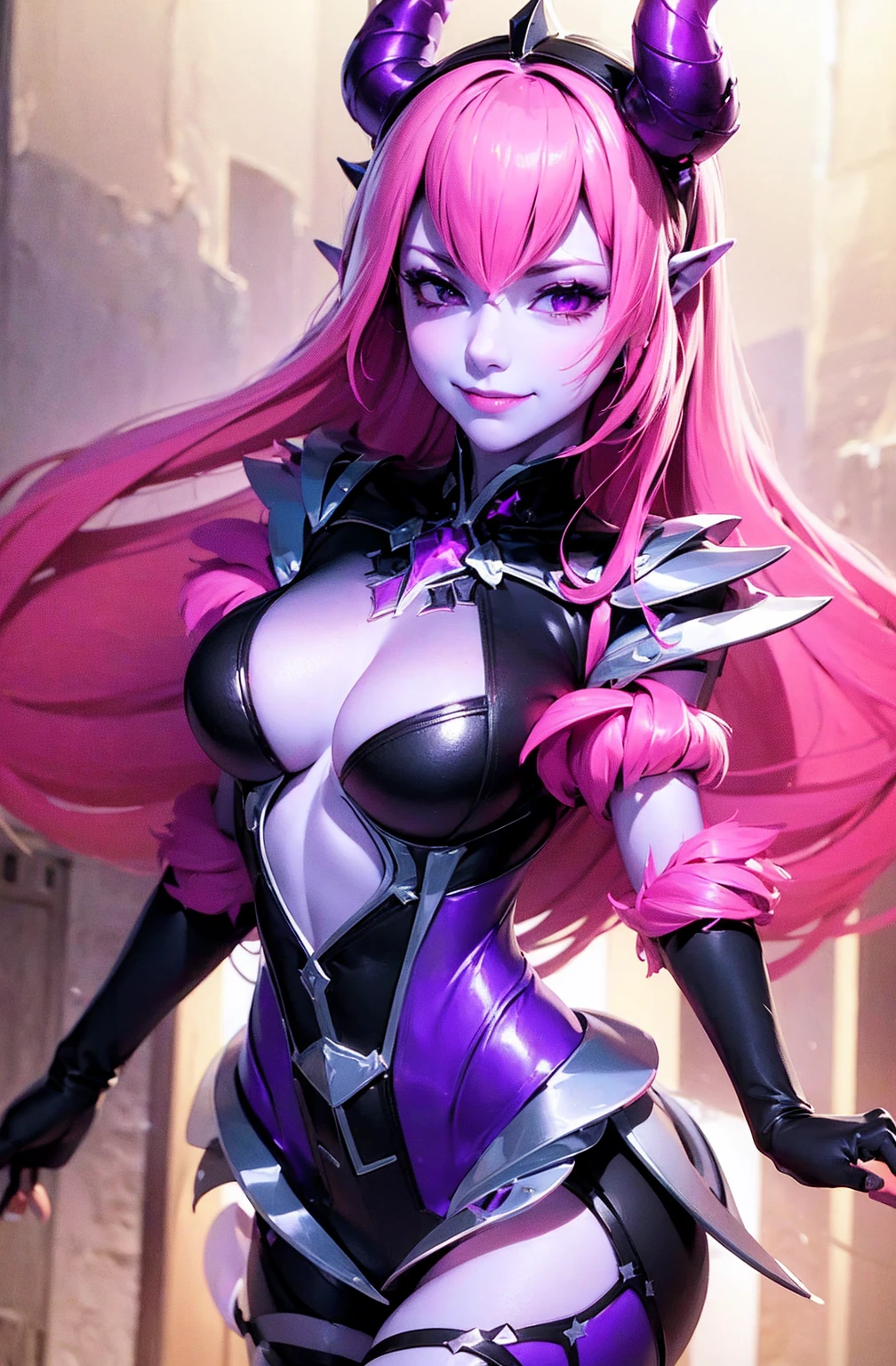 ((masterpiece,best quality)), absurdres,
Selena_ML, purple skin,
solo, smiling, smug, blushing, looking at viewer, cowboy shot,
cinematic composition, dynamic pose,
(Realistic painting style:0.9), masterpiece, best quality, absurdres, looking at viewer, no pupils, detailed eyes, alternate costume, 1girl,