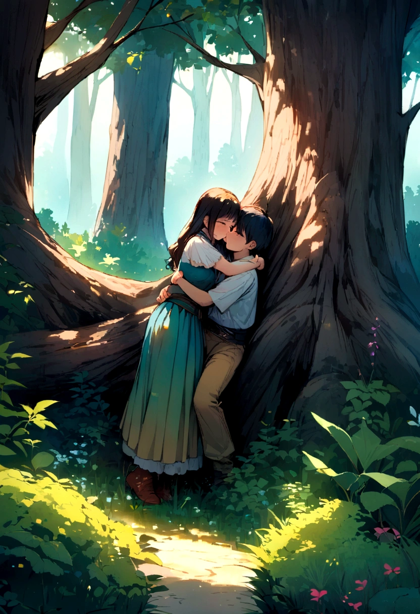In the middle of the forest, under a huge tree, a girl and boy hug each other lovely
