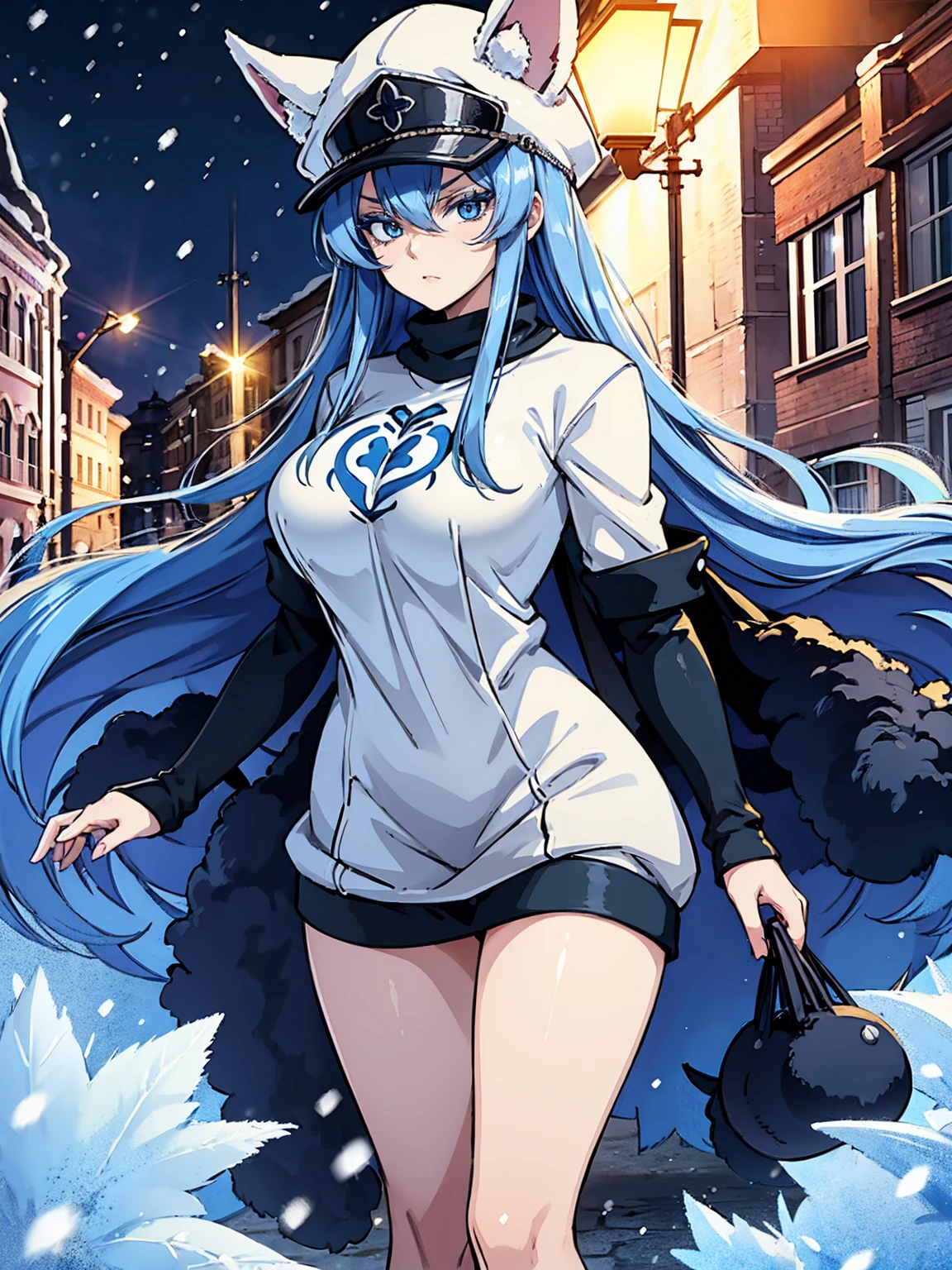 (artwork, best quality) a girl with long blue hair, blue eyes, blue eyelashes, tattoo, big breasts, white sweatshirt with a fuzzy hat, walking, upset, on a street in Russia, snowing heavily, at night