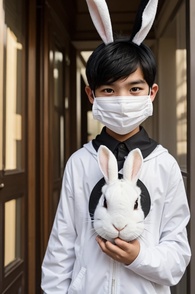 A white skin boy, black hair wearing a rabbit mask (has rabbit ears) that covers his entire face.