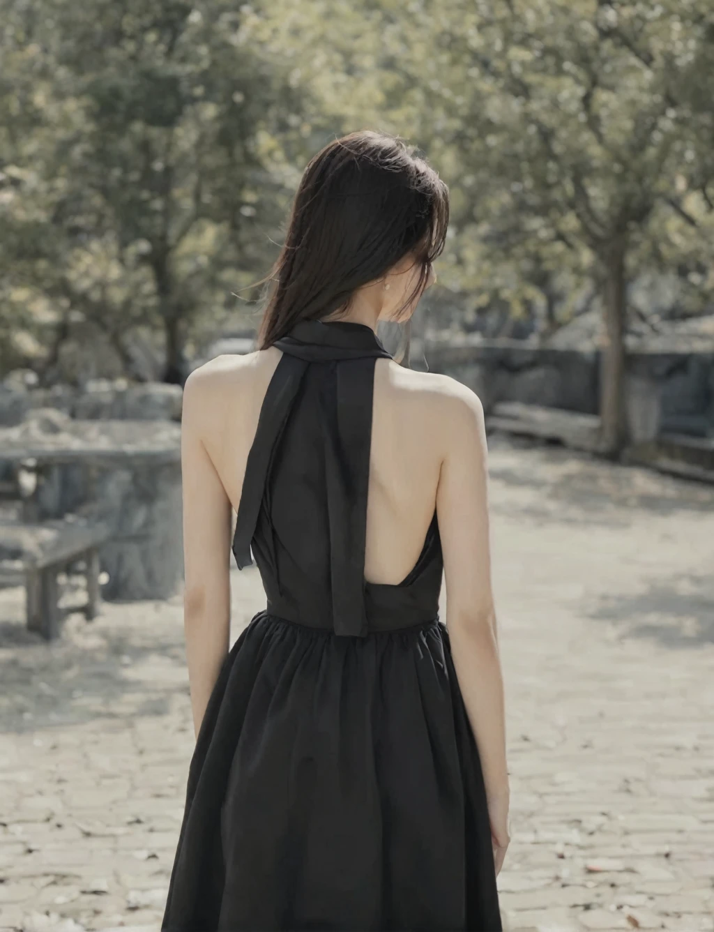 A girl in a black dress stood with her back turned